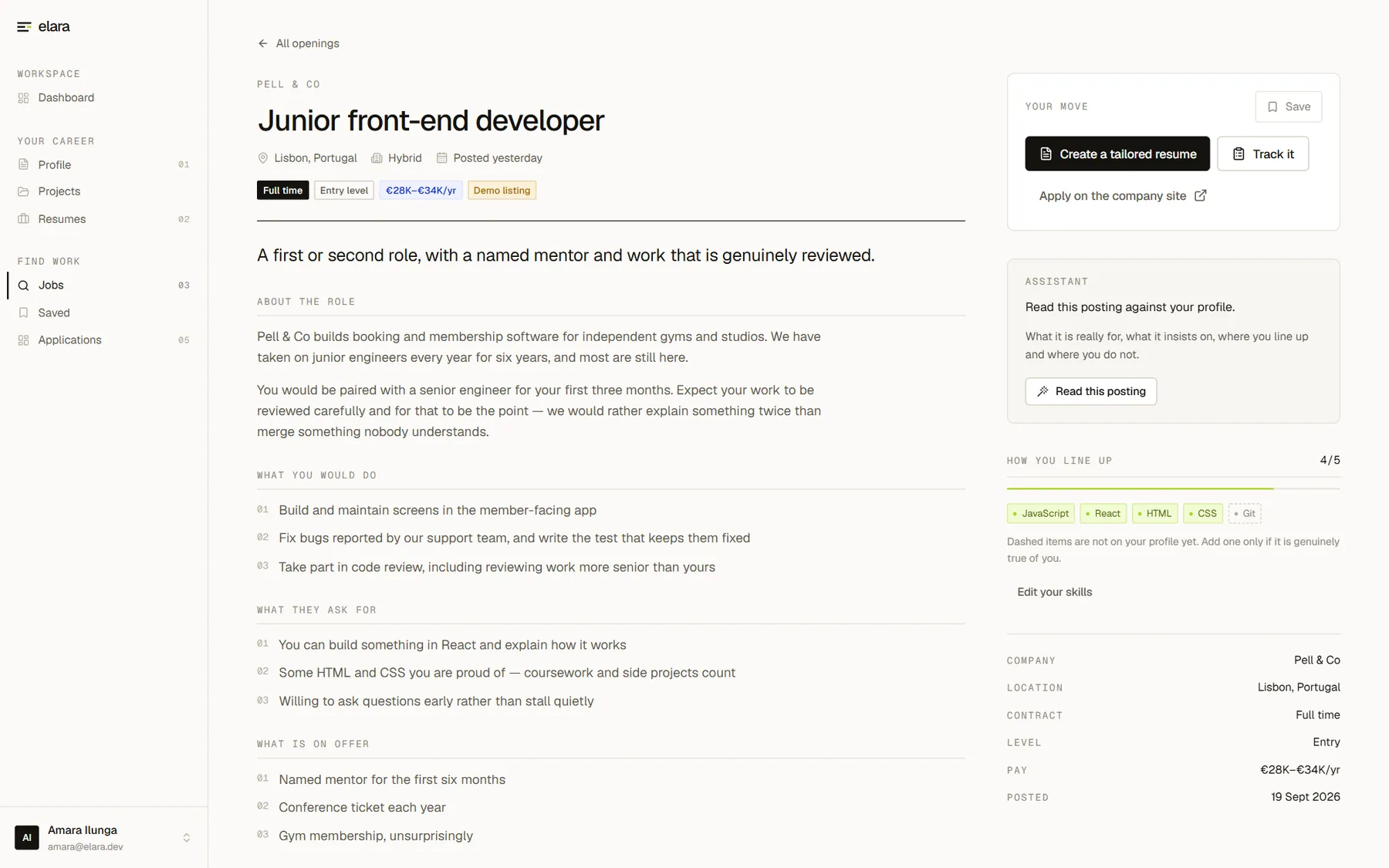 A job posting for a junior front-end developer, with responsibilities and requirements listed, beside a panel offering to create a tailored resume and a reading of how the applicant lines up: four of five named skills matched, the fifth shown dashed.