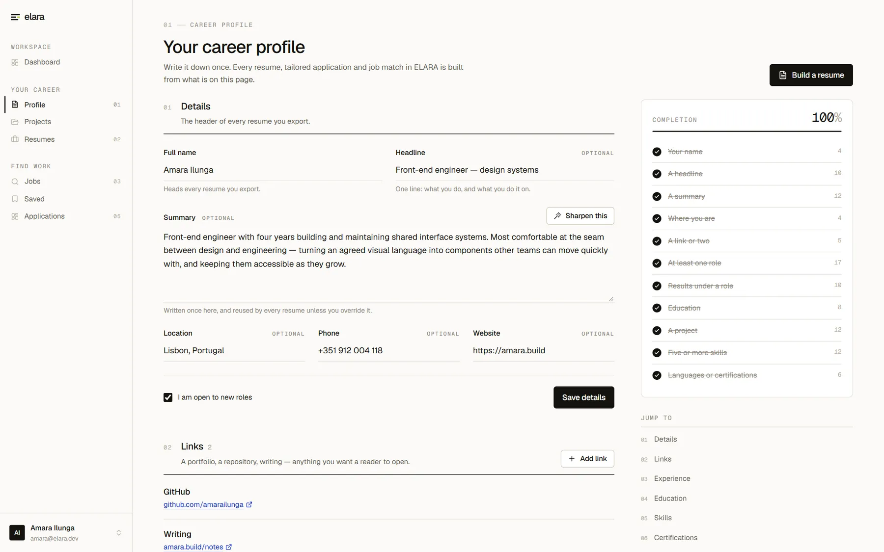 The career profile: name, headline and a summary with a “sharpen this” button, beside a completion panel reading 100% with eleven checklist items, each carrying its own weight.